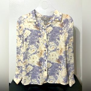 Long Sleeve Blouse size 10P Ivory with Muted Purple Flowers
